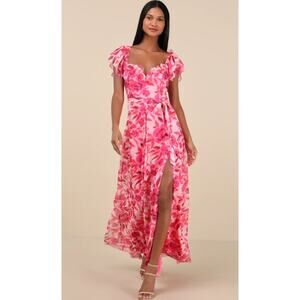 Lulus Sensationally Sweeter Floral Ruffled Maxi Dress Lace Up Backless, Pink NWT
